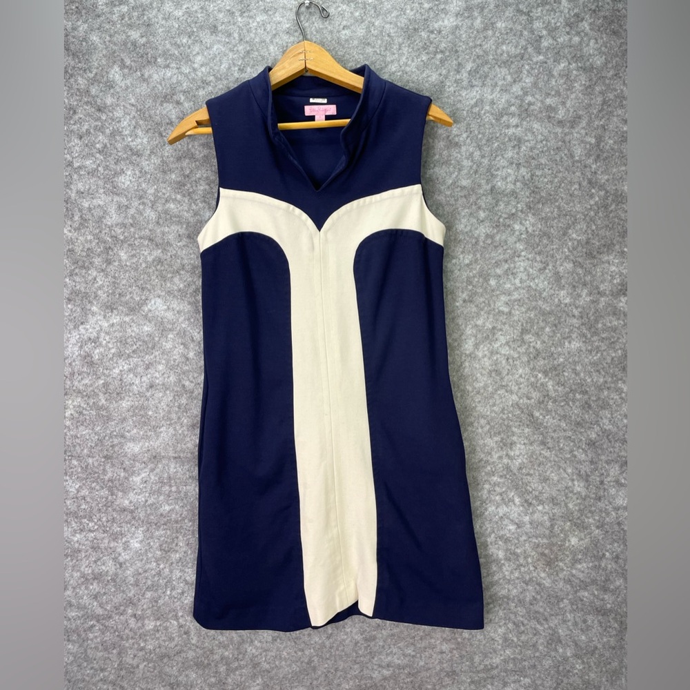 Lilly Pulitzer Dress Womens 2 Navy White Colorblock Sleeveless Knit Shift V Neck
